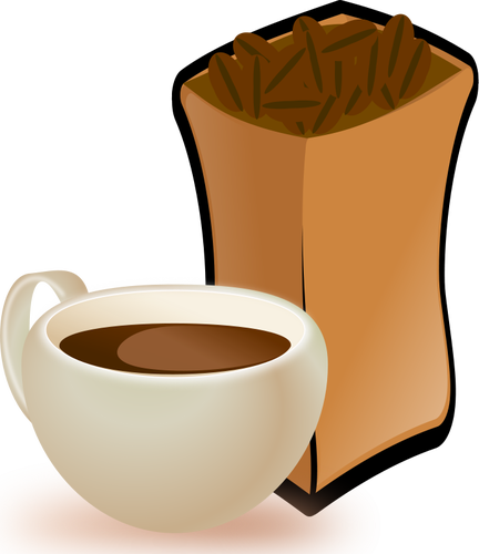 Of Beige Cup Of Coffee With Sack Of Coffee Beans Clipart