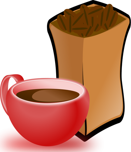 Of Red Cup Of Coffee With Sack Of Coffee Beans Clipart
