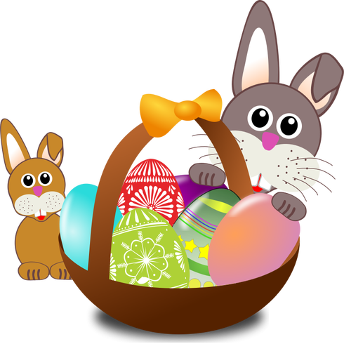 Baby Rabbit And A Bunny Behind Easter Egg Basket Clipart