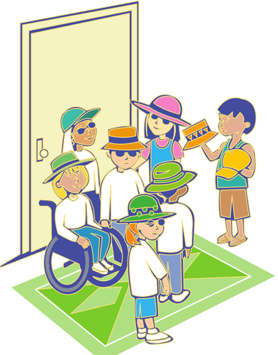 Group Of Kids With Hats In Front Of Door Clipart