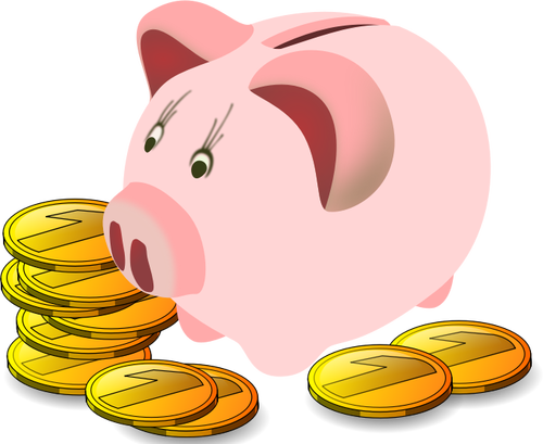 Piggy Bank With Coins Around It Clipart