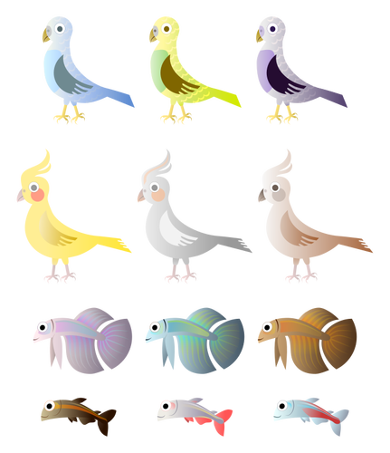 Simple Birds And Fishes Color Drawing Clipart