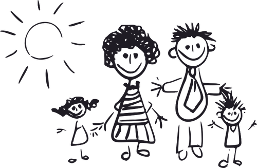 Black And White Kid'S Drawing Of A Family Clipart