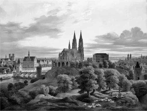 Illustration Of Of Medieval Town Panorama In Gray Color Clipart