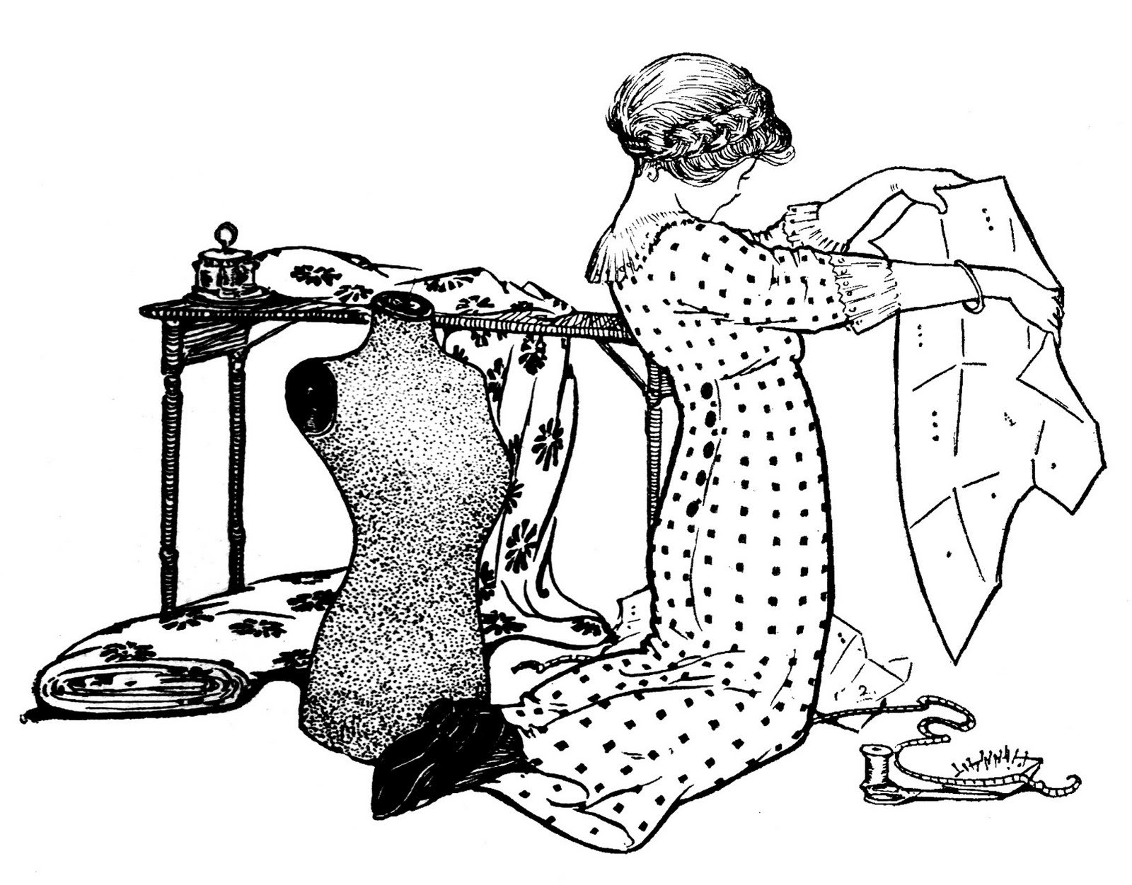 Vintage Sewing Girl With Pattern And Dress Clipart