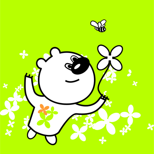 Of Bear Looking At A Flower And A Bee Clipart