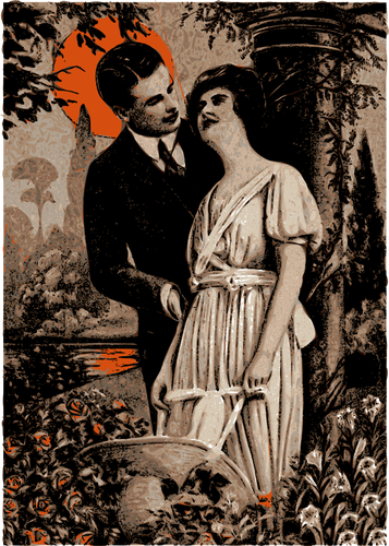 Of Man And Woman Under Orange Sun Clipart
