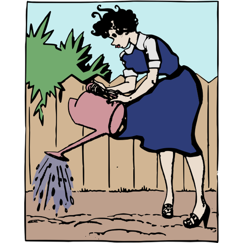 Woman Watering A Garden Clipart